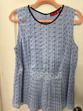 ELLE Light Blue Sleeveless Pleated Top with Navy Floral Motif